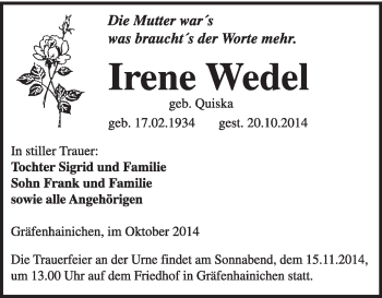 Traueranzeige von Irene Wedel von WVG - Wochenspiegel Wittenberg