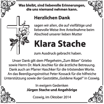 Traueranzeige von Klara Stache von Super Sonntag Wittenberg