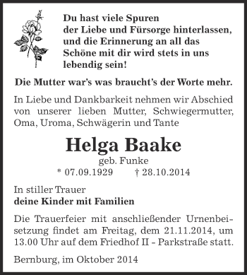 Traueranzeige von Helga Baake von Super Sonntag Bernburg
