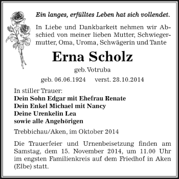 Traueranzeige von Erna Scholz von WVG - Wochenspiegel Dessau / Köthen