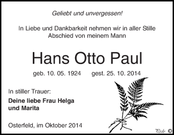 Traueranzeige von Hans Otto Paul von Super Sonntag Zeitz
