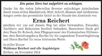 Traueranzeige von Erna Reichert von WVG - Wochenspiegel Dessau / Köthen