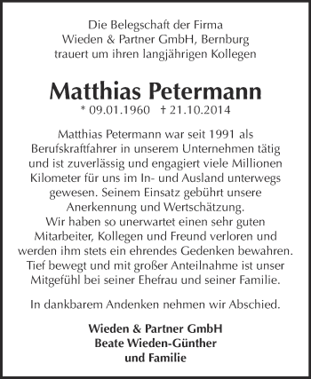 Traueranzeige von Matthias Petermann von Super Sonntag Bernburg
