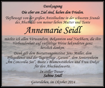 Traueranzeige von Annemarie Seidl von Super Sonntag Aschersleben