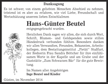 Traueranzeige von Hans-Günter Beutel von Super Sonntag Bernburg