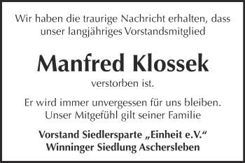 Traueranzeige von Manfred Klossek von Super Sonntag Aschersleben