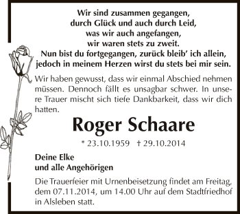 Traueranzeige von Roger Schaare von Super Sonntag Bernburg