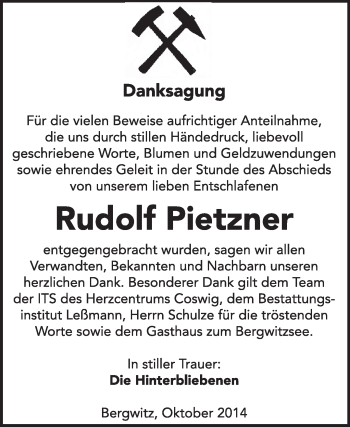 Traueranzeige von Rudolf Pietzner von WVG - Wochenspiegel Wittenberg