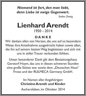 Traueranzeige von Lienhard Arendt von Super Sonntag Aschersleben