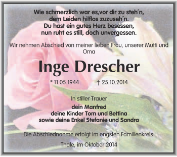 Traueranzeige von Inge Drescher von WVG - Wochenspiegel Quedlinburg
