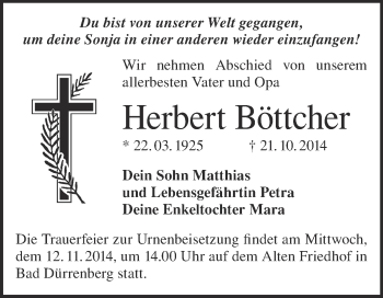 Traueranzeige von Herbert Böttcher von Super Sonntag Merseburg