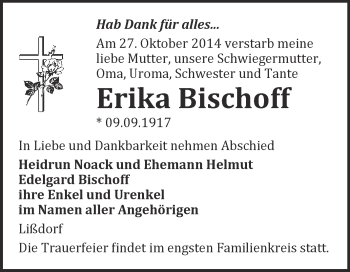 Traueranzeige von Erika Bischoff von WVG - Wochenspiegel NMB / WSF / ZTZ
