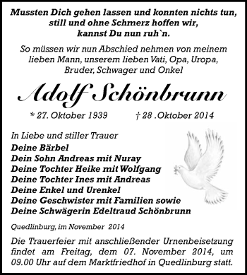 Traueranzeige von Adolf Schönbrunn von WVG - Wochenspiegel Quedlinburg