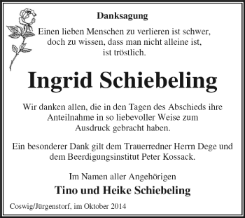 Traueranzeige von Ingrid Schiebeling von WVG - Wochenspiegel Dessau / Köthen