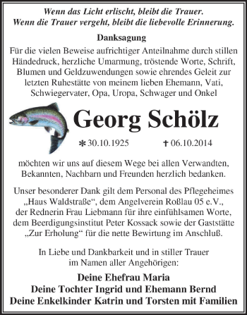 Traueranzeige von Georg Schölz von WVG - Wochenspiegel Dessau / Köthen