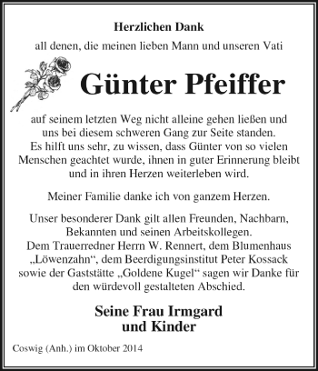 Traueranzeige von Günter Pfeiffer von WVG - Wochenspiegel Dessau / Köthen