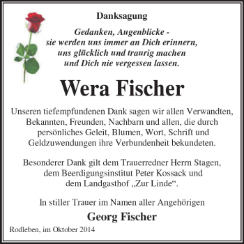 Traueranzeige von Wera Fischer von WVG - Wochenspiegel Dessau / Köthen