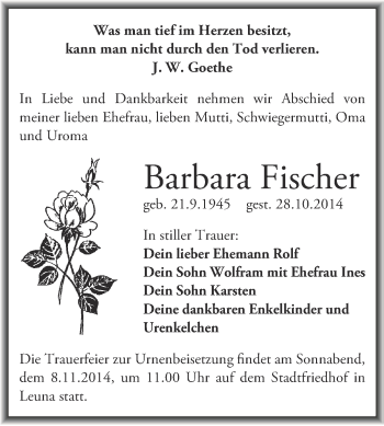 Traueranzeige von Barbara Fischer von Super Sonntag Merseburg