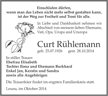 Traueranzeige von Curt Rühlemann von Super Sonntag Merseburg