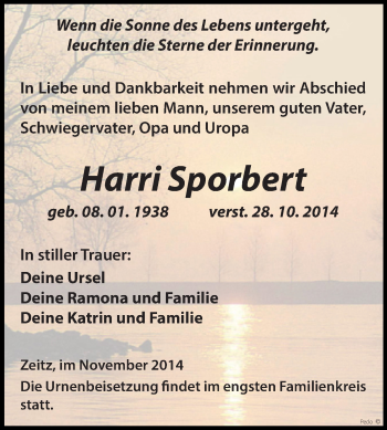 Traueranzeige von Harri Sporbert von Super Sonntag Zeitz