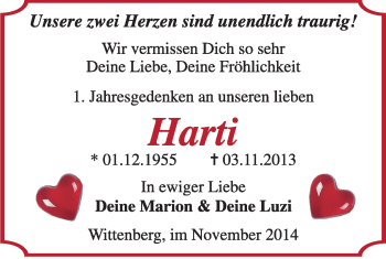 Traueranzeige von Harti  von Super Sonntag Wittenberg