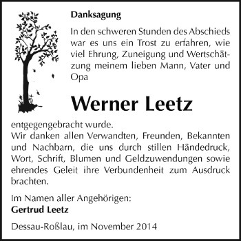 Traueranzeige von Werner Leetz von WVG - Wochenspiegel Dessau / Köthen