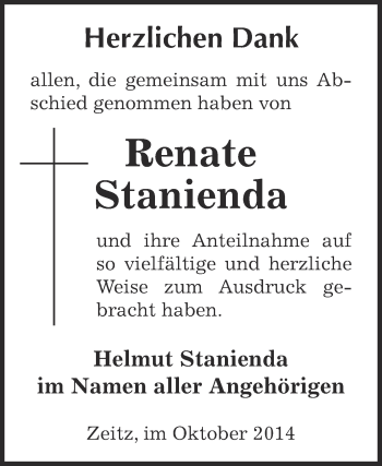 Traueranzeige von Renate Stanienda von Super Sonntag Zeitz