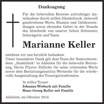 Traueranzeige von Marianne Keller von Super Sonntag Bernburg