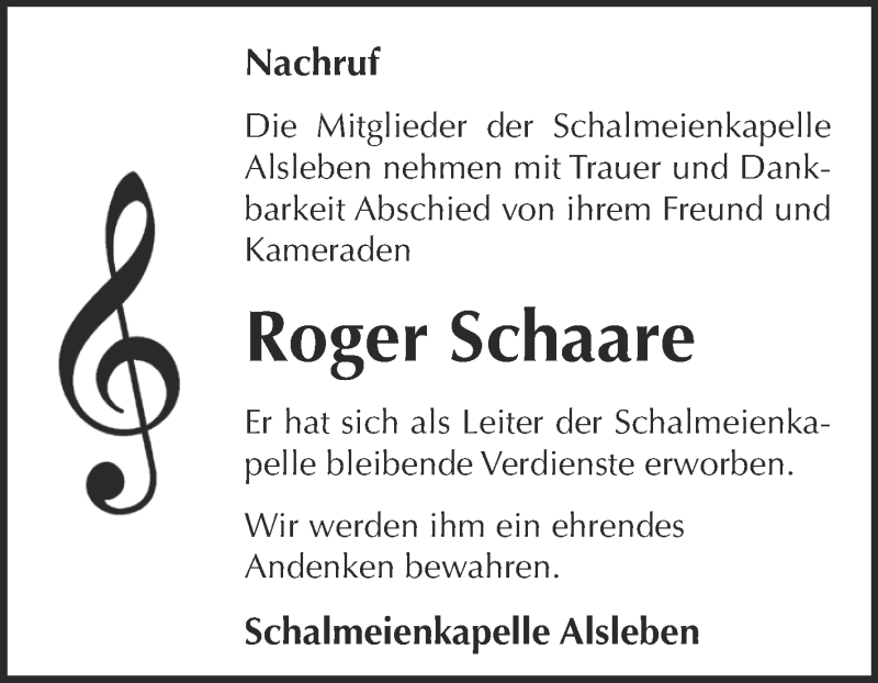  Traueranzeige für Roger Schaare vom 02.11.2014 aus Super Sonntag Bernburg