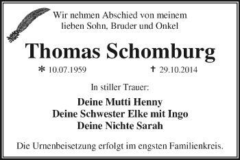 Traueranzeige von Thomas Schomburg von WVG - Wochenspiegel Dessau / Köthen