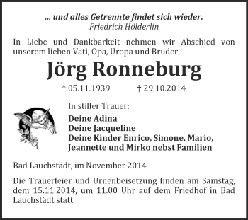 Traueranzeige von Jörg Ronneburg von WVG - Wochenspiegel Merseburg