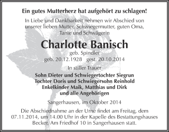 Traueranzeige von Charlotte Banisch von Super Sonntag SGH Mansf. Land