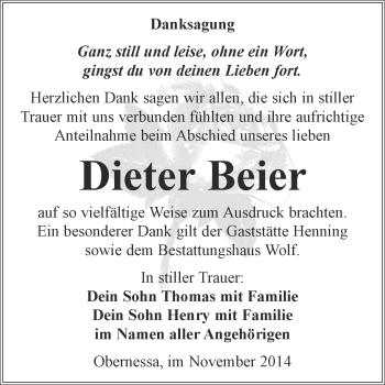 Traueranzeige von Dieter Beier von WVG - Wochenspiegel NMB / WSF / ZTZ