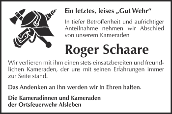 Traueranzeige von Roger Schaare von Super Sonntag Bernburg