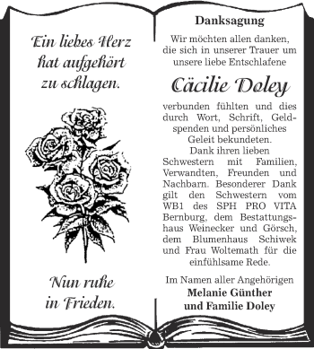 Traueranzeige von Cäcilie Doley von Super Sonntag Bernburg