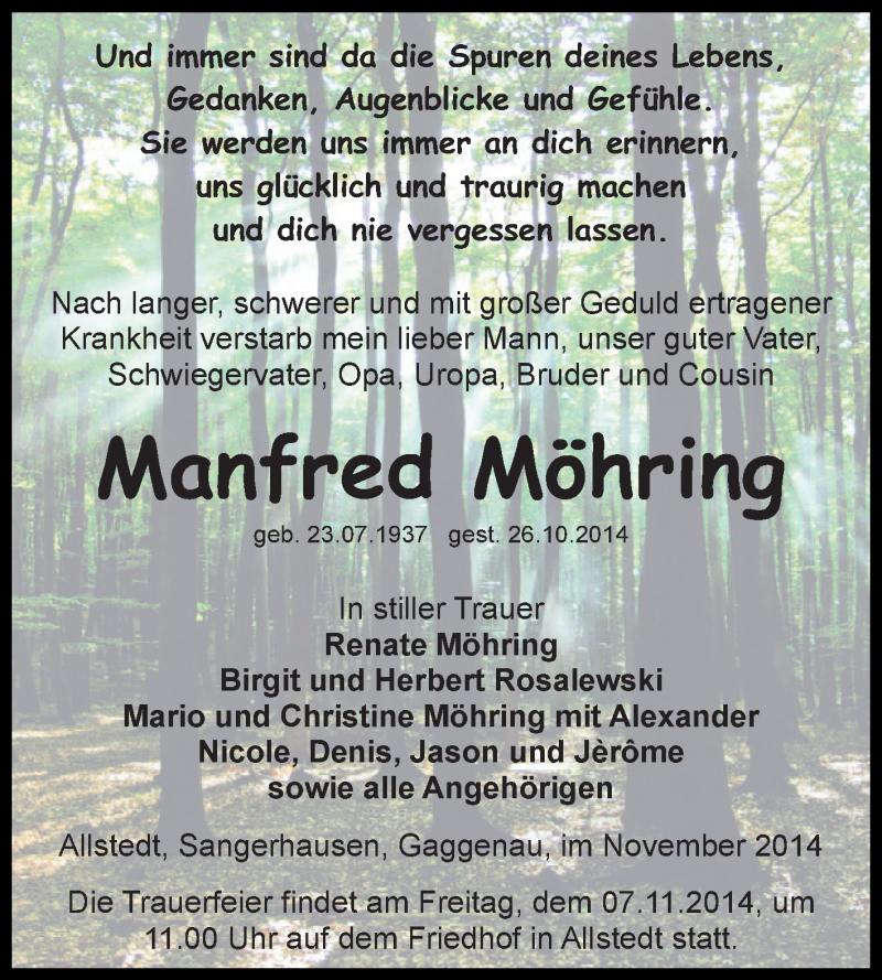  Traueranzeige für Manfred Möhring vom 02.11.2014 aus Super Sonntag SGH Mansf. Land