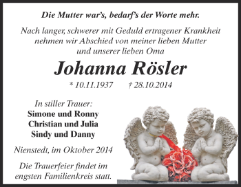 Traueranzeige von Johanna Rösler von WVG - Wochenspiegel SGH