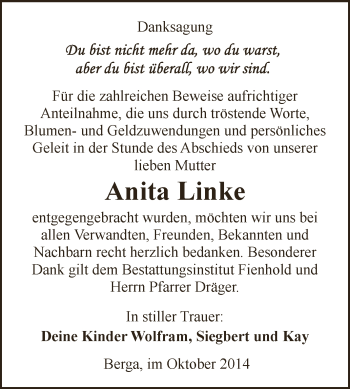 Traueranzeige von Anita Linke von WVG - Wochenspiegel SGH