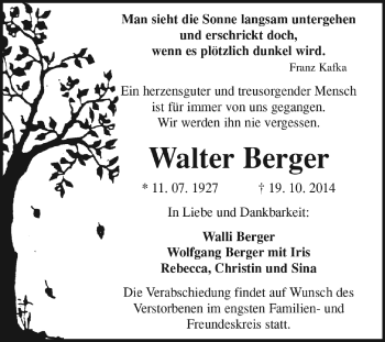 Traueranzeige von Walter Berger von WVG - Wochenspiegel Dessau / Köthen