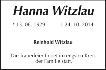 Traueranzeige von Hanna Witzlau von WVG - Wochenspiegel Dessau / Köthen