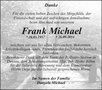 Traueranzeige von Frank Michael von WVG - Wochenspiegel Dessau / Köthen