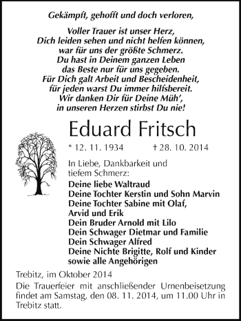 Traueranzeige von Eduard Fritsch von WVG - Wochenspiegel Wittenberg