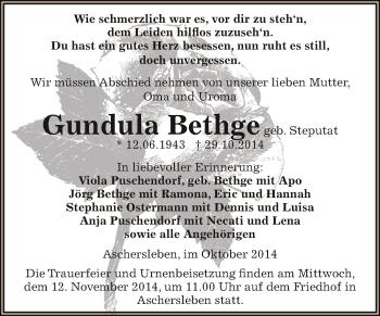 Traueranzeige von Gundula Bethge von Super Sonntag Aschersleben