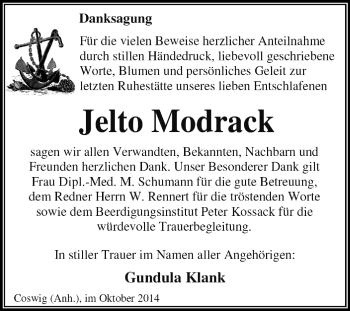 Traueranzeige von Jelto Modrack von WVG - Wochenspiegel Dessau / Köthen