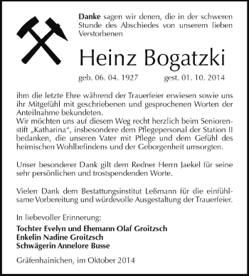Traueranzeige von Heinz Bogatzki von WVG - Wochenspiegel Wittenberg