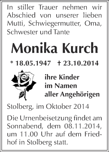 Traueranzeige von Monika Kurch von WVG - Wochenspiegel SGH
