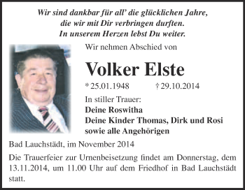 Traueranzeige von Volker Elste von WVG - Wochenspiegel Merseburg