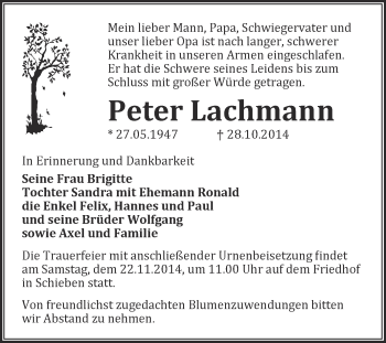 Traueranzeige von Peter Lachmann von WVG - Wochenspiegel NMB / WSF / ZTZ