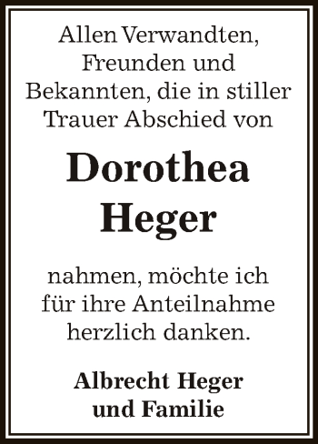 Traueranzeige von Dorothea Heger von Super Sonntag Zeitz