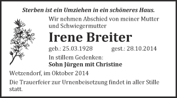 Traueranzeige von Irene Breiter von WVG - Wochenspiegel NMB / WSF / ZTZ